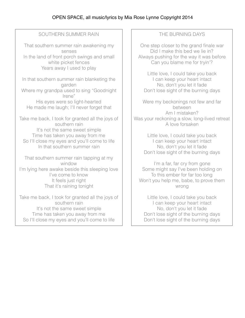 LYRICS to OPEN SPACE by Mia Rose Lynne