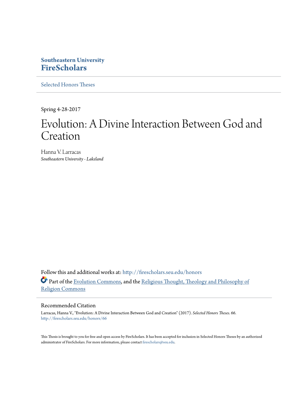 Evolution: a Divine Interaction Between God and Creation Hanna V