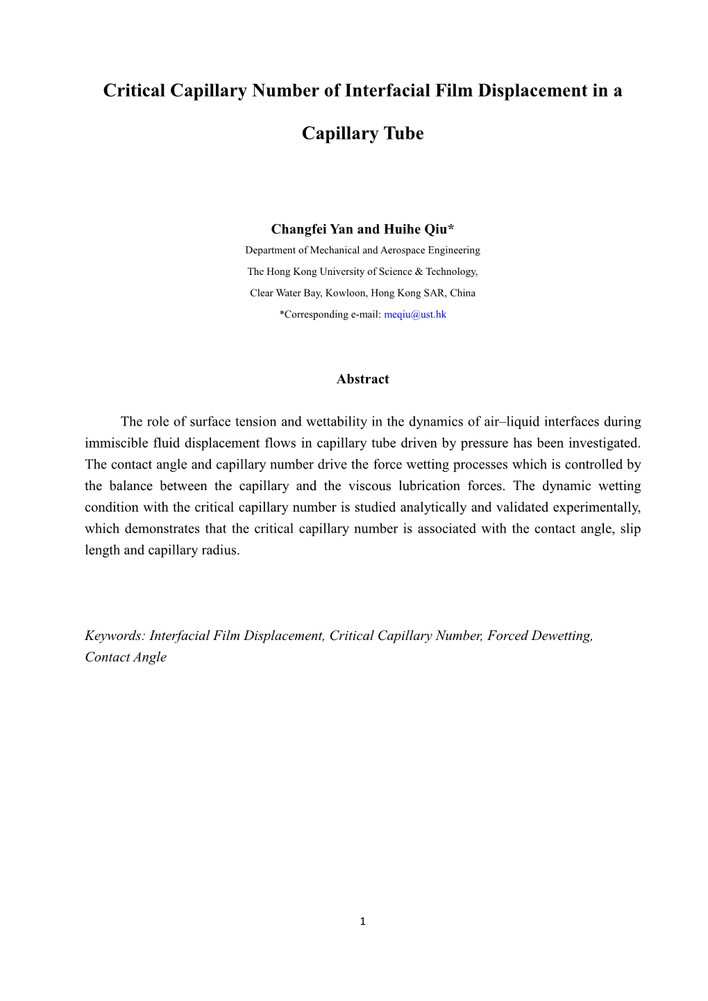 Critical Capillary Number of Interfacial Film Displacement in a Capillary Tube