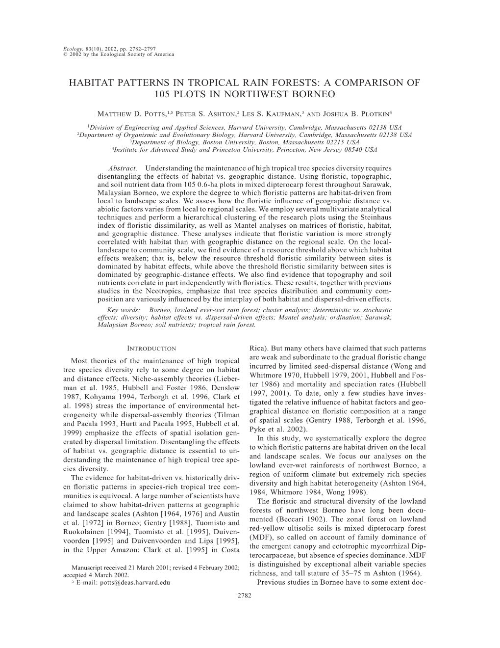 Habitat Patterns in Tropical Rain Forests: a Comparison of 105 Plots in Northwest Borneo