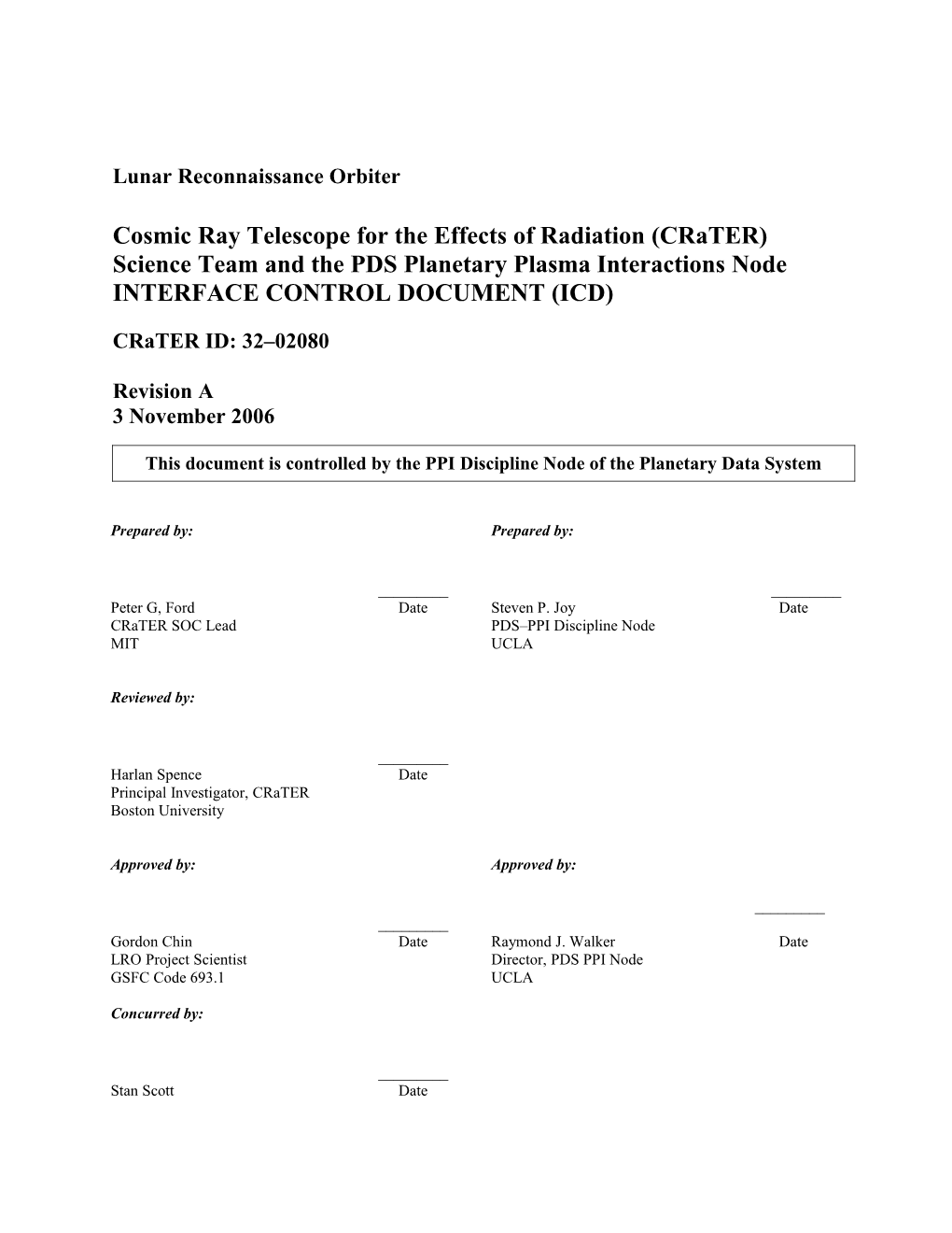 Lunar Reconnaissance Orbiter Crater PDS Planetary Plasma Interactions Node Revision A