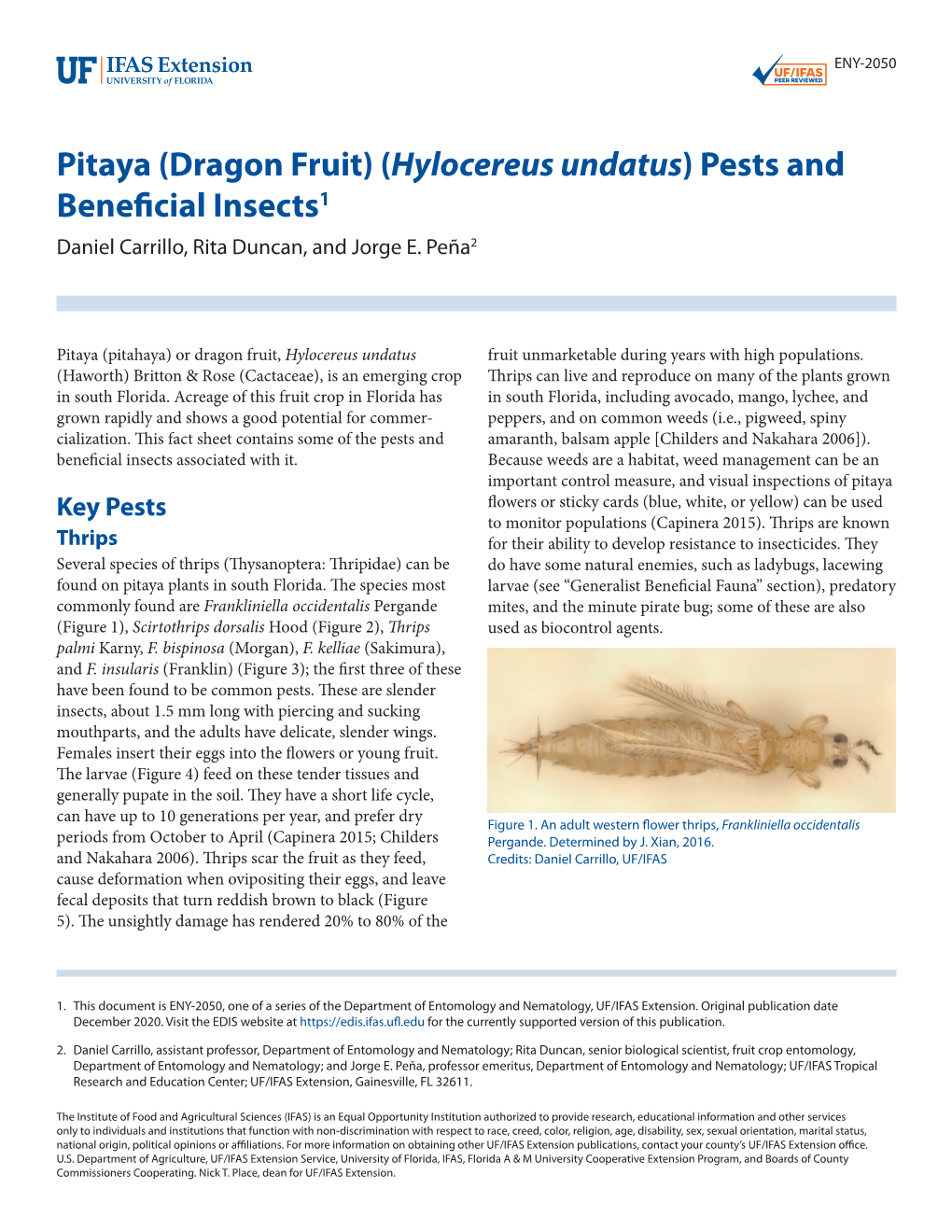 Pitaya (Dragon Fruit) (Hylocereus Undatus) Pests and Beneficial Insects1 Daniel Carrillo, Rita Duncan, and Jorge E
