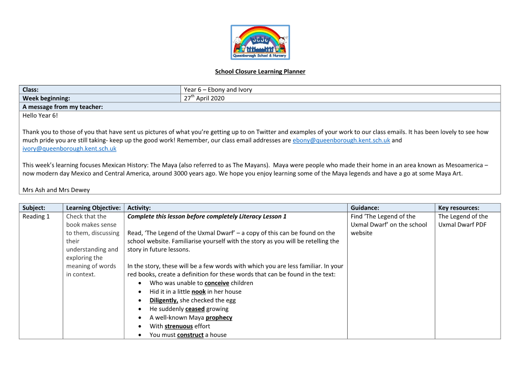 School Closure Learning Planner Class: Year 6 – Ebony and Ivory