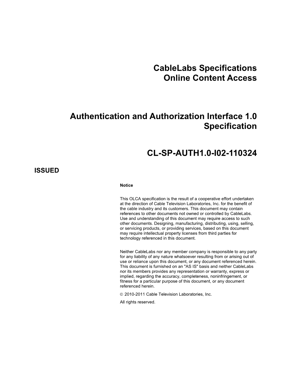 Cablelabs Specifications Online Content Access Authentication And