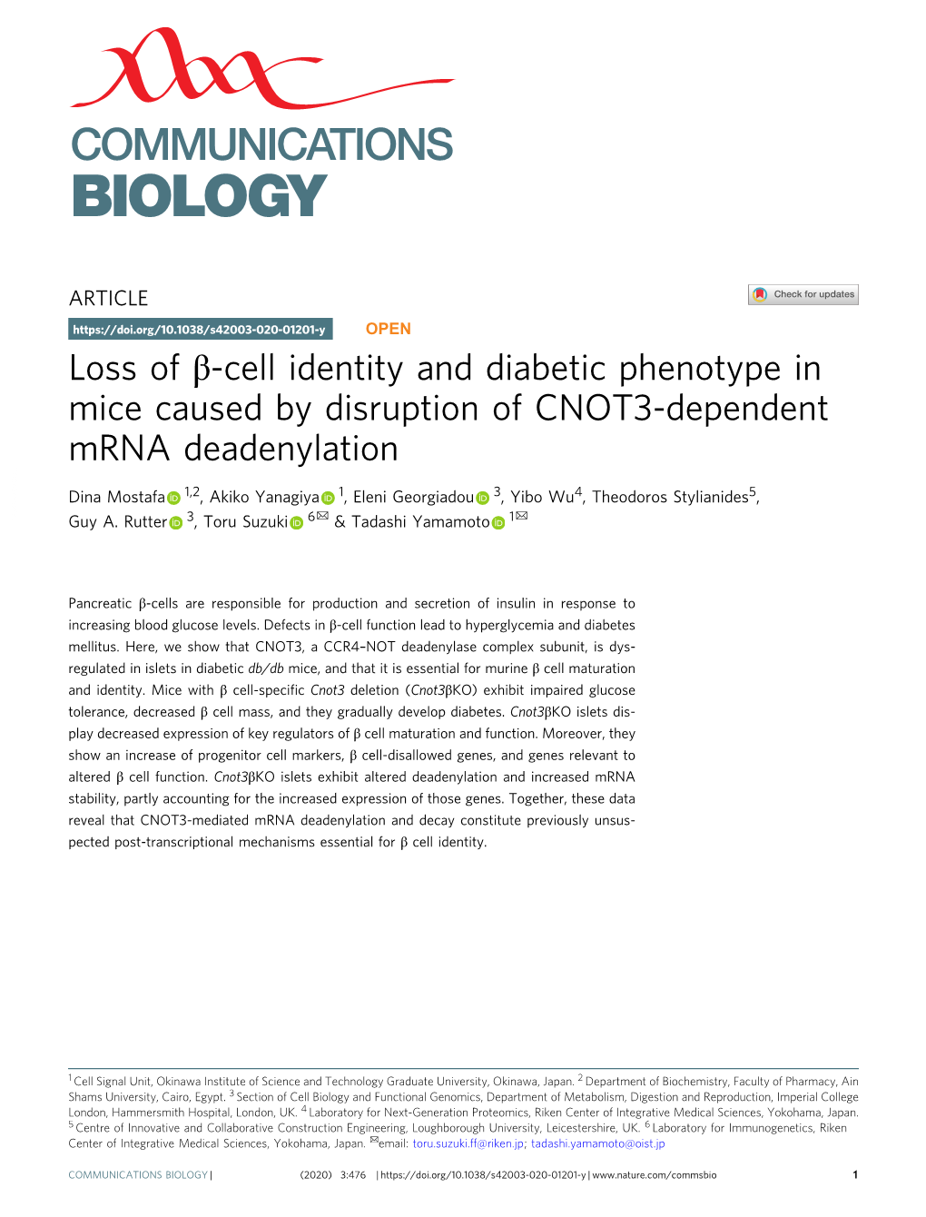 Loss of Î²-Cell Identity and Diabetic Phenotype in Mice Caused By