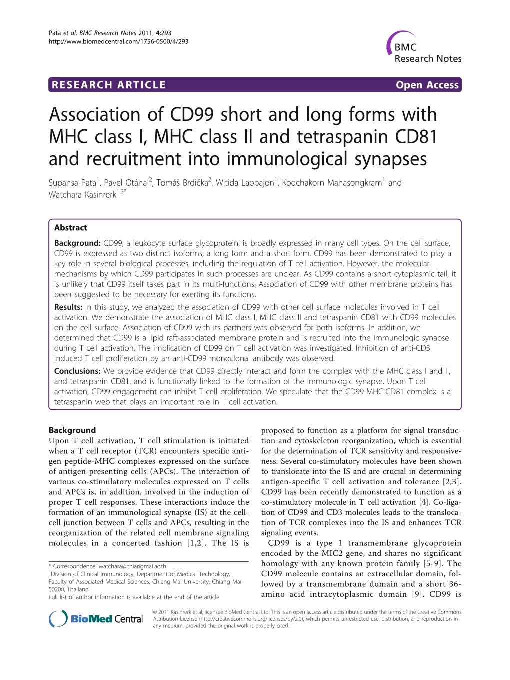 Association of CD99 Short and Long Forms with MHC Class I, MHC Class