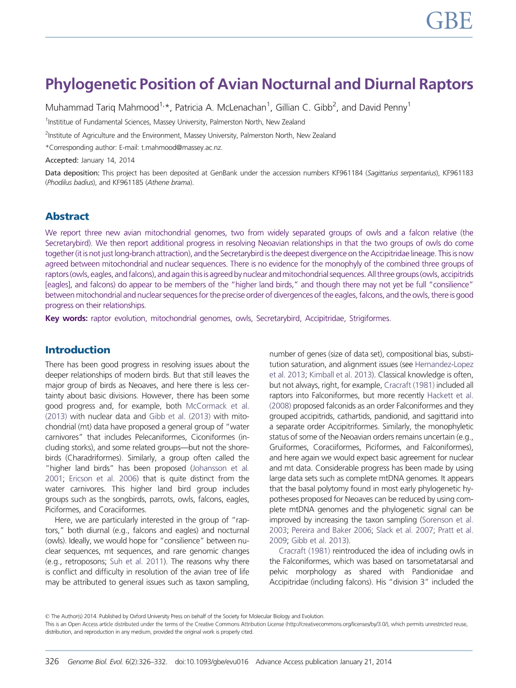 Phylogenetic Position of Avian Nocturnal and Diurnal Raptors