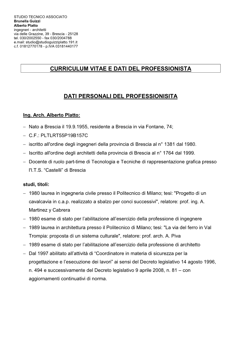 Curriculum Vitae E Dati Del Professionista