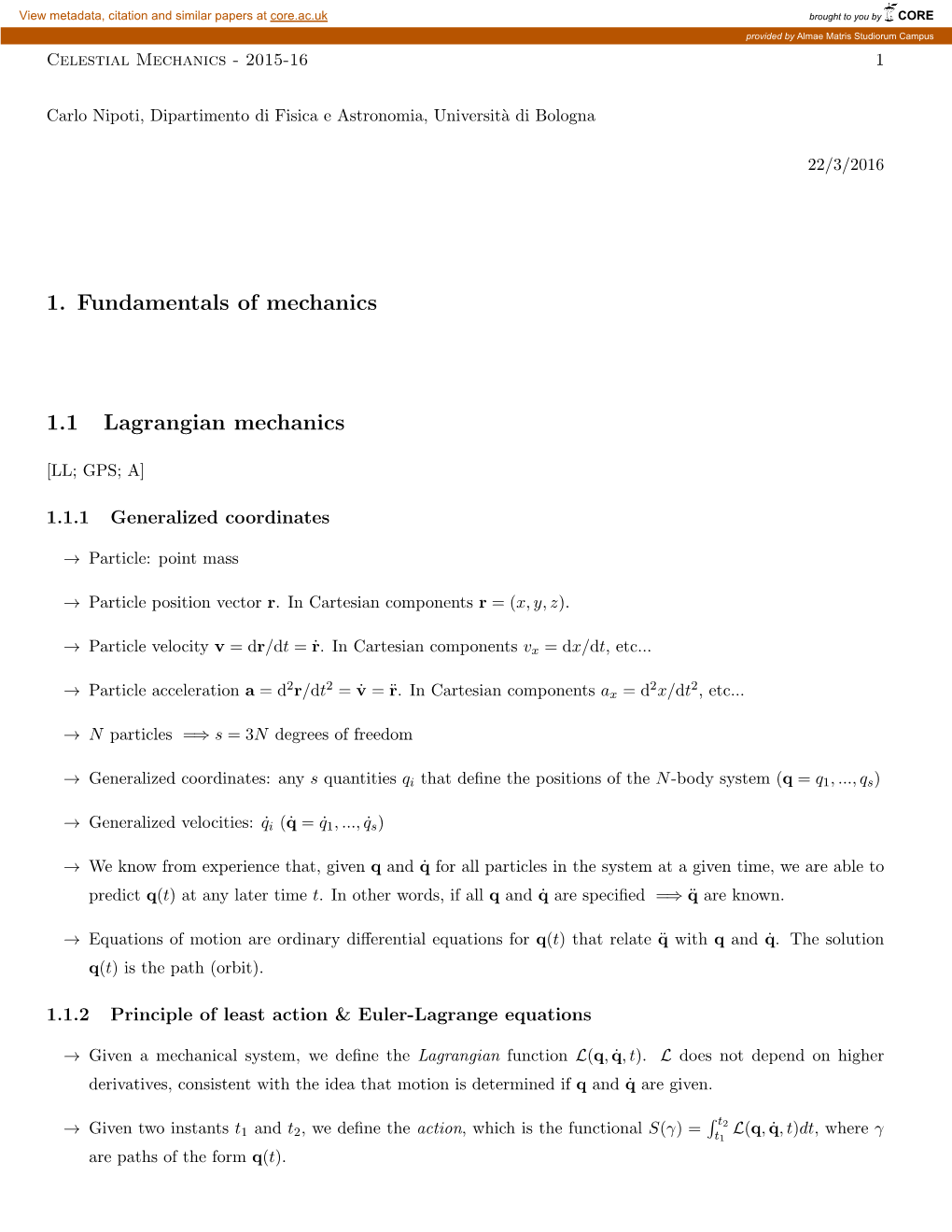 1. Fundamentals of Mechanics 1.1 Lagrangian Mechanics