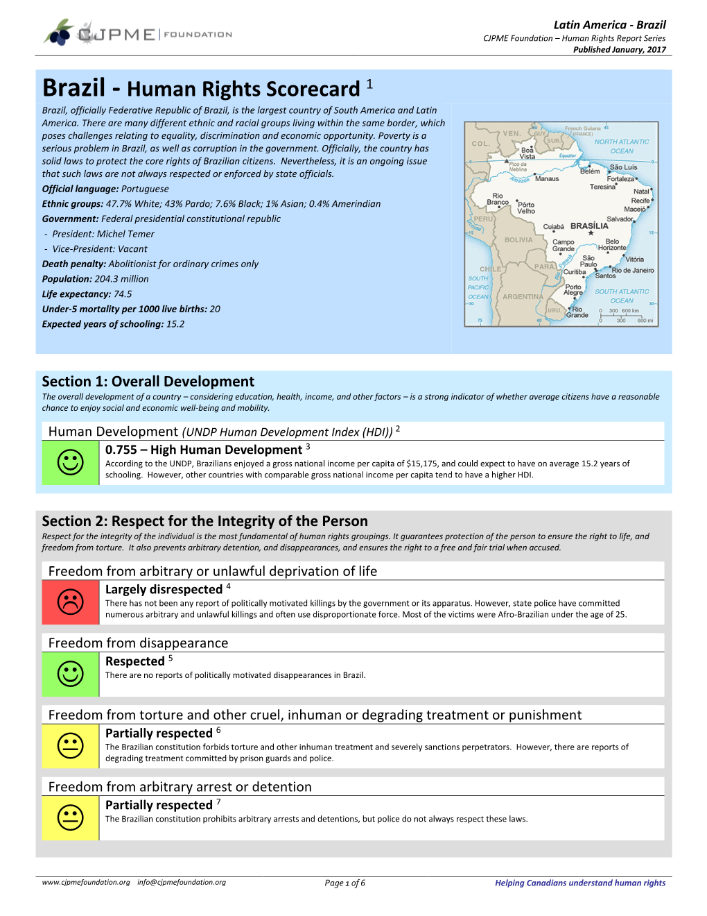 Brazil CJPME Foundation – Human Rights Report Series Published January, 2017
