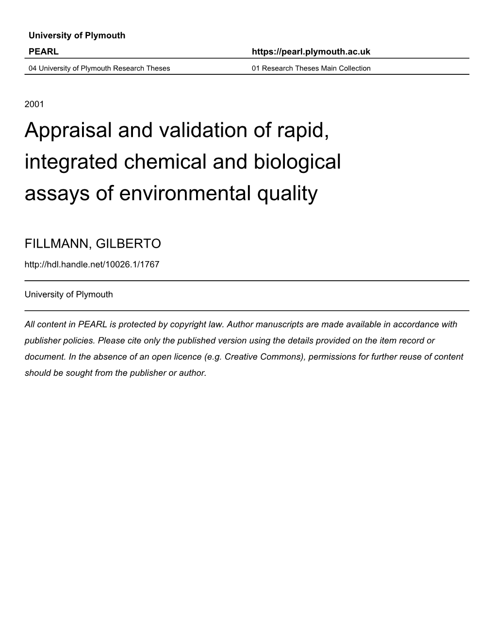 Appraisal and Validation of Rapid, Integrated Chemical and Biological Assays of Environmental Quality