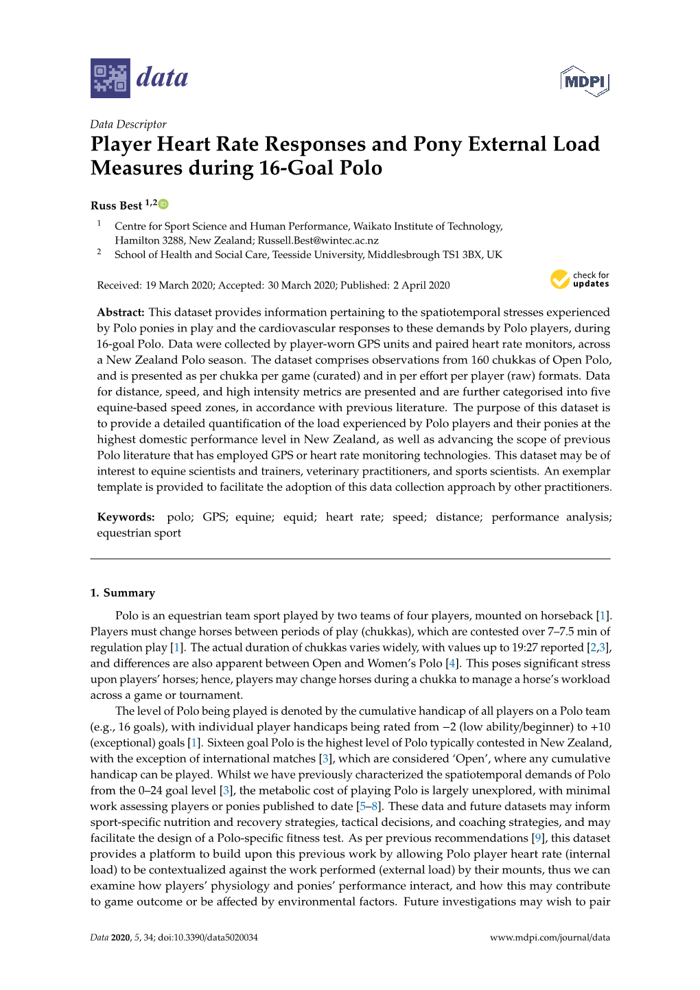 Player Heart Rate Responses and Pony External Load Measures During 16-Goal Polo