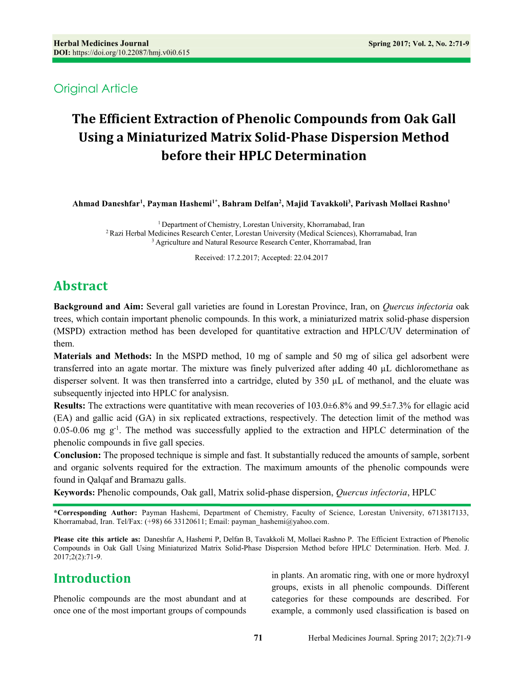 The Efficient Extraction of Phenolic Compounds from Oak Gall Using a Miniaturized Matrix Solid-Phase Dispersion Method Before Their HPLC Determination