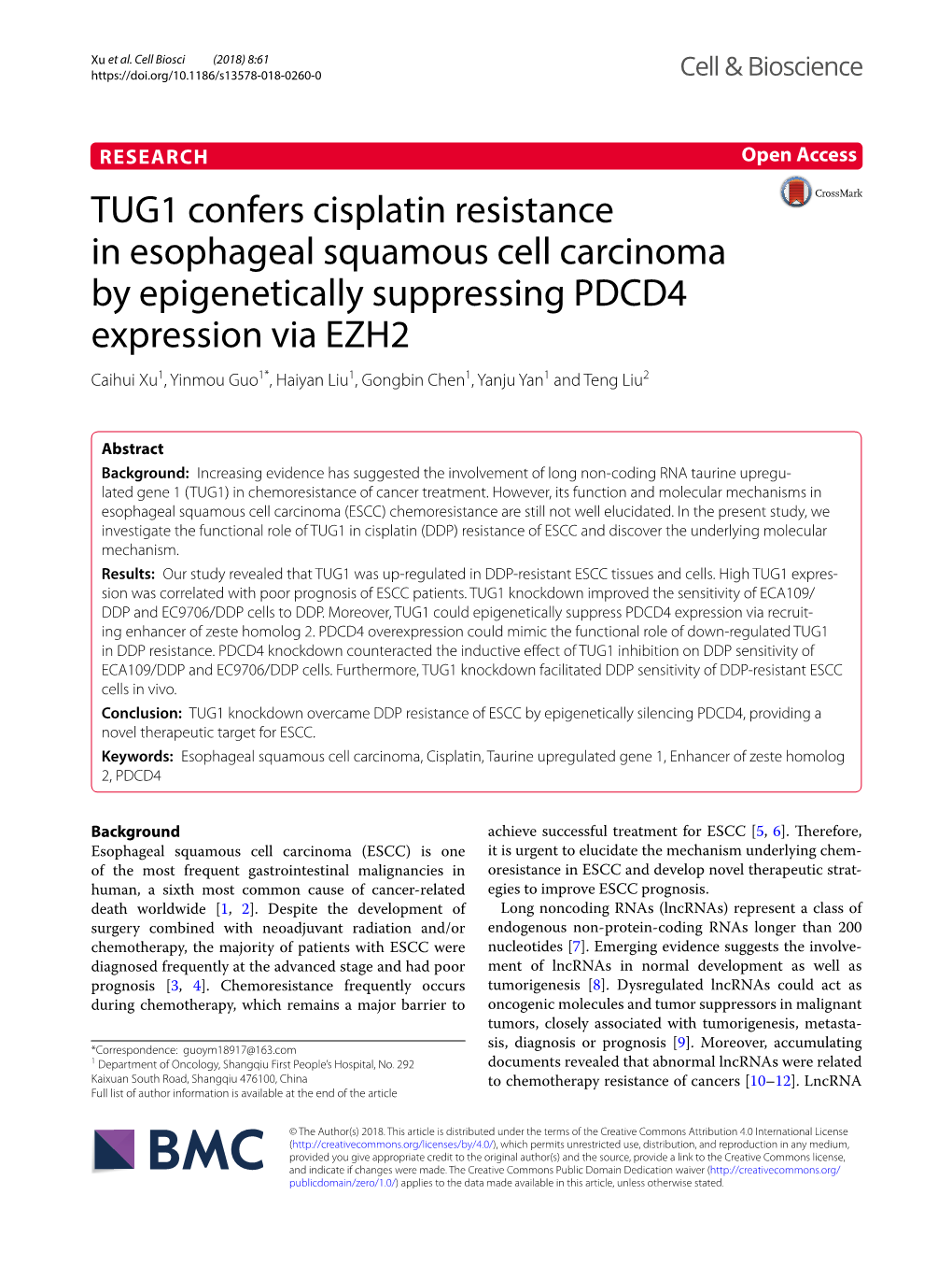 TUG1 Confers Cisplatin Resistance in Esophageal Squamous Cell