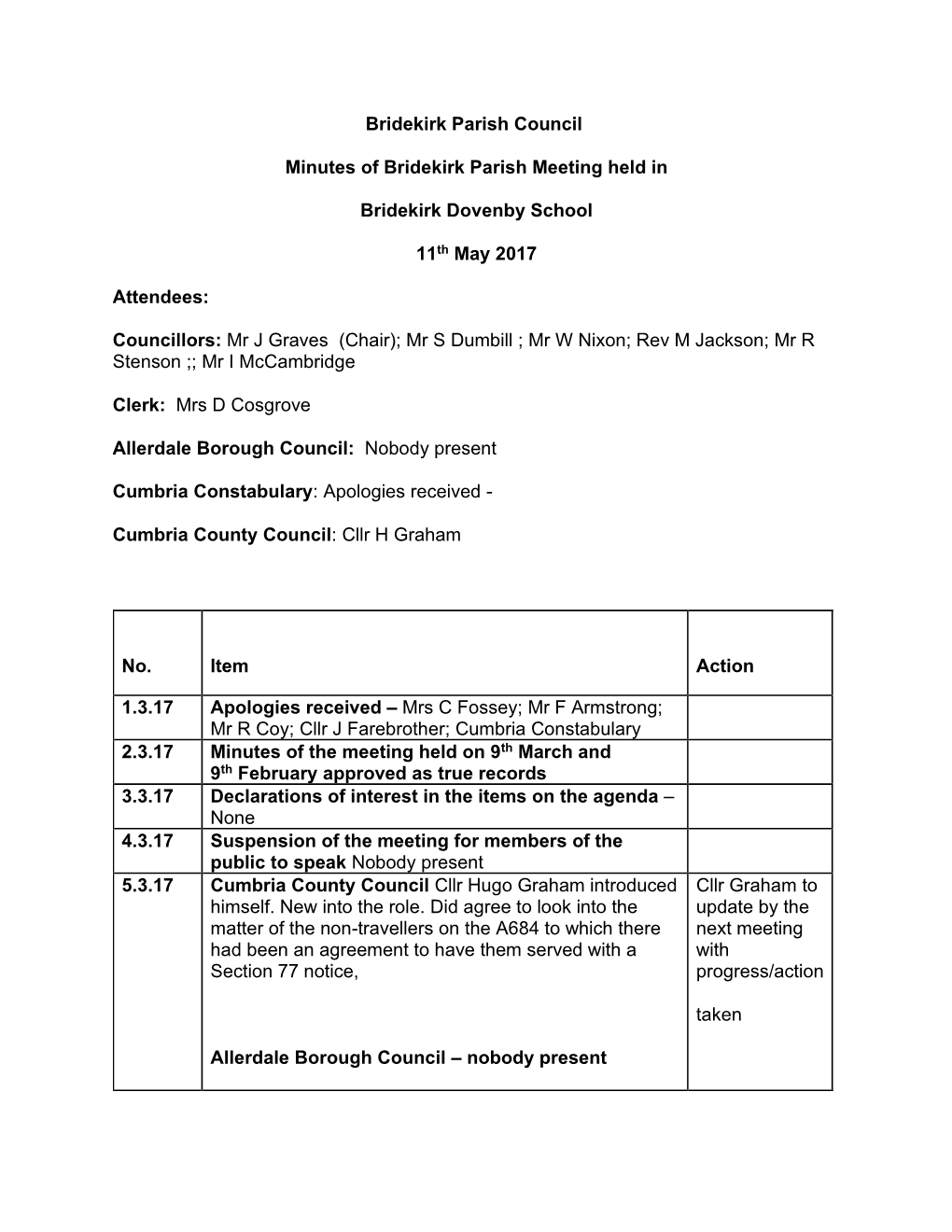 Bridekirk Parish Council Minutes of Bridekirk Parish Meeting Held In