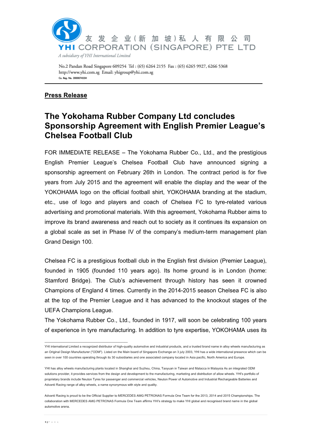 The Yokohama Rubber Company Ltd Concludes Sponsorship Agreement with English Premier League’S Chelsea Football Club