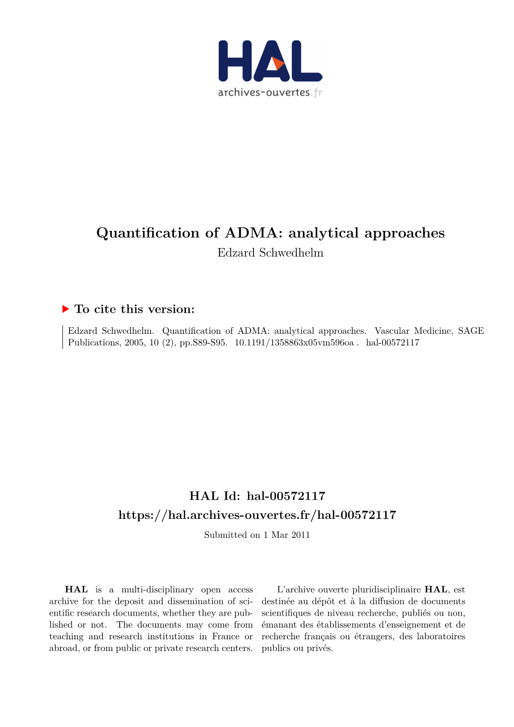 Quantification of ADMA: Analytical Approaches Edzard Schwedhelm