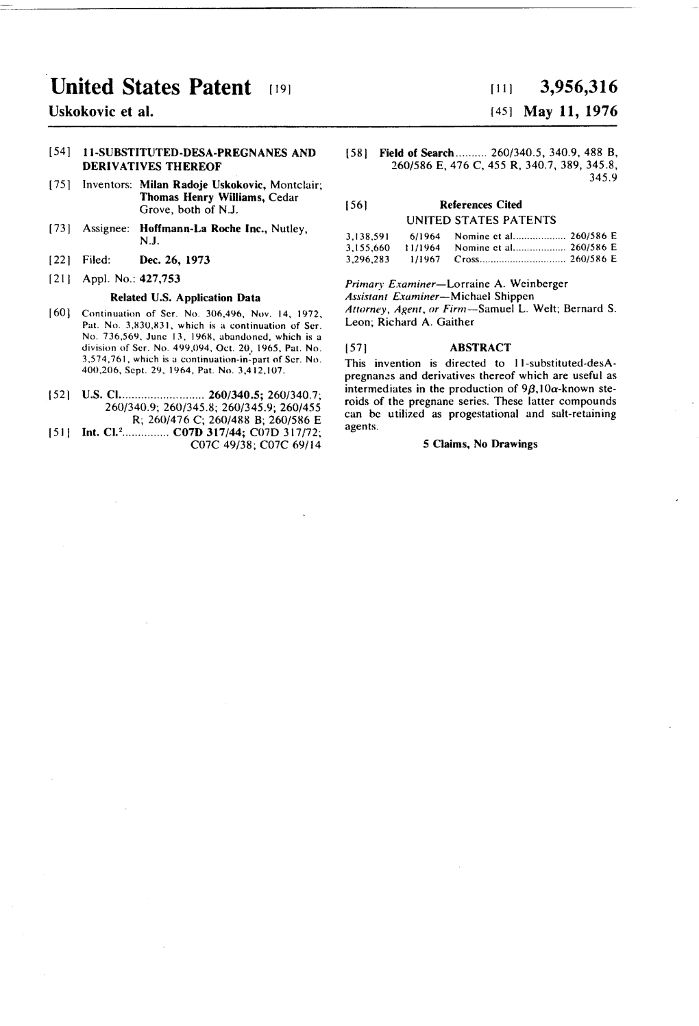 United States Patent (19) 11, 3,956,316 Uskokovic Et Al