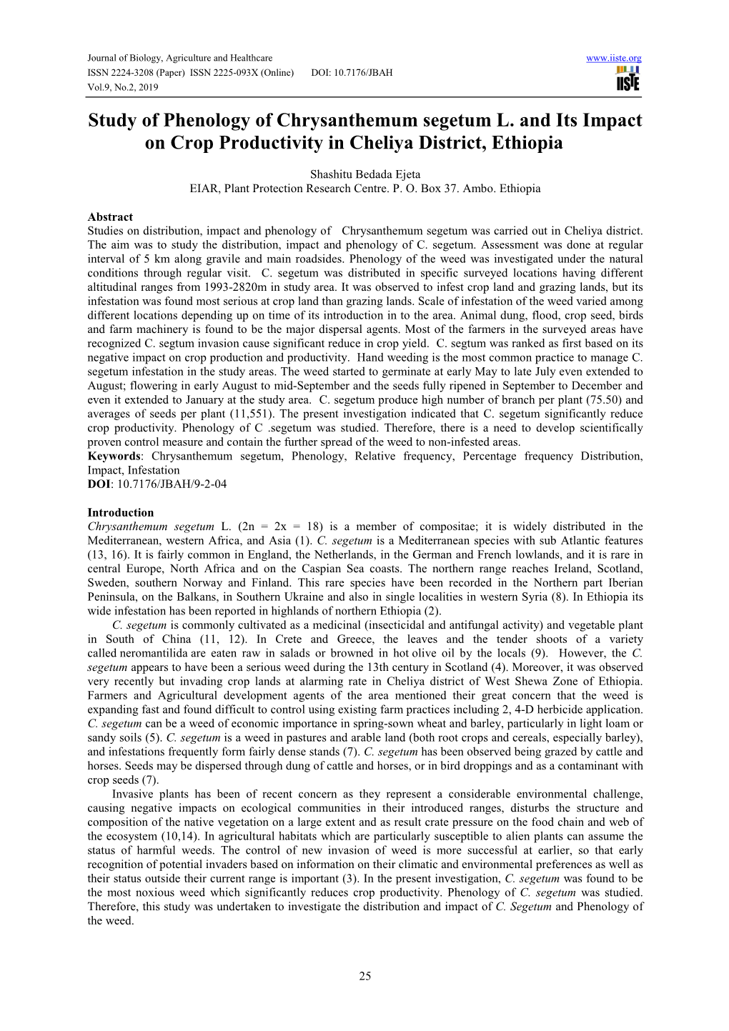 Study of Phenology of Chrysanthemum Segetum L. and Its Impact on Crop Productivity in Cheliya District, Ethiopia