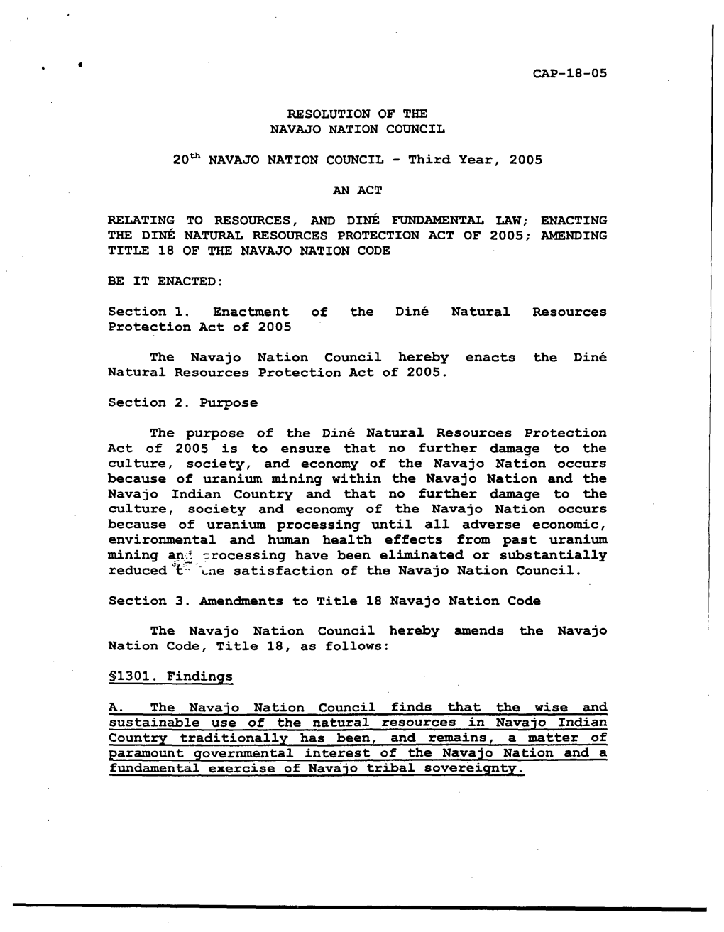 04/21/05 Resolution of the Navajo Nation Council CAP-18-05, Banning Uranium Mining and Processing Within Navajo Indian Country