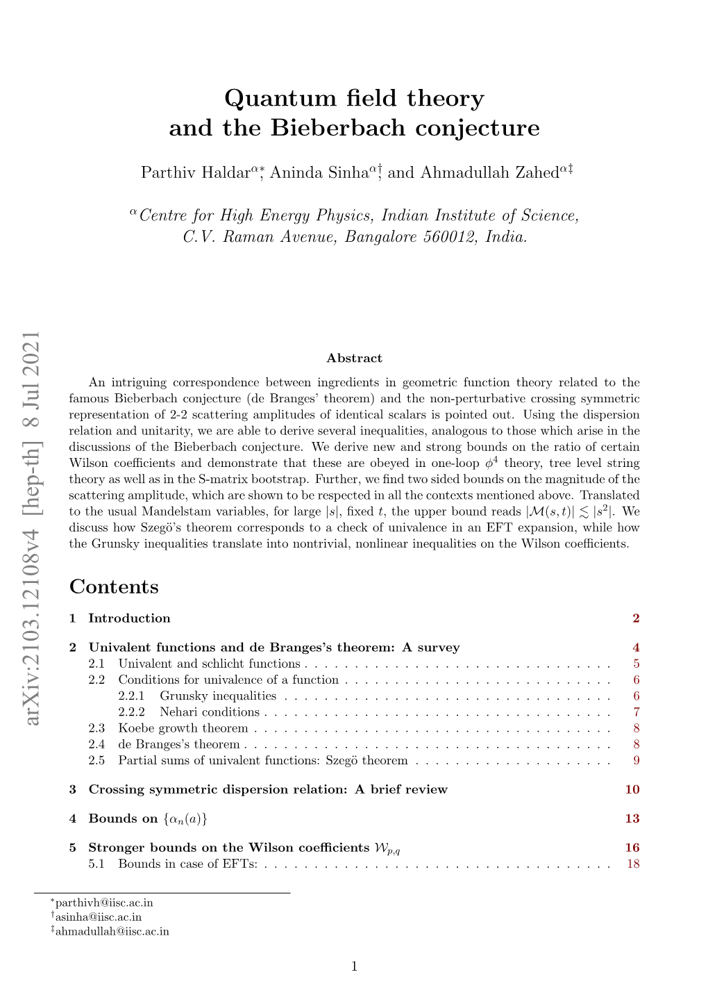 Quantum Field Theory and the Bieberbach Conjecture