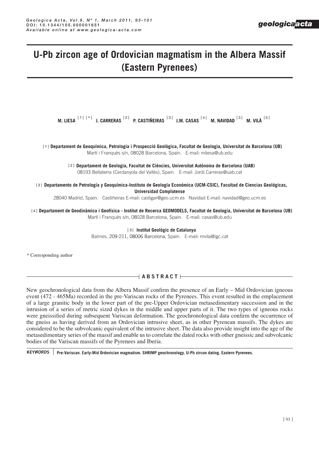 U-Pb Zircon Age of Ordovician Magmatism in the Albera Massif (Eastern Pyrenees)