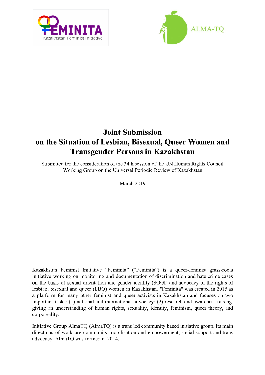 Joint Submission on the Situation of Lesbian, Bisexual, Queer Women and Transgender Persons in Kazakhstan