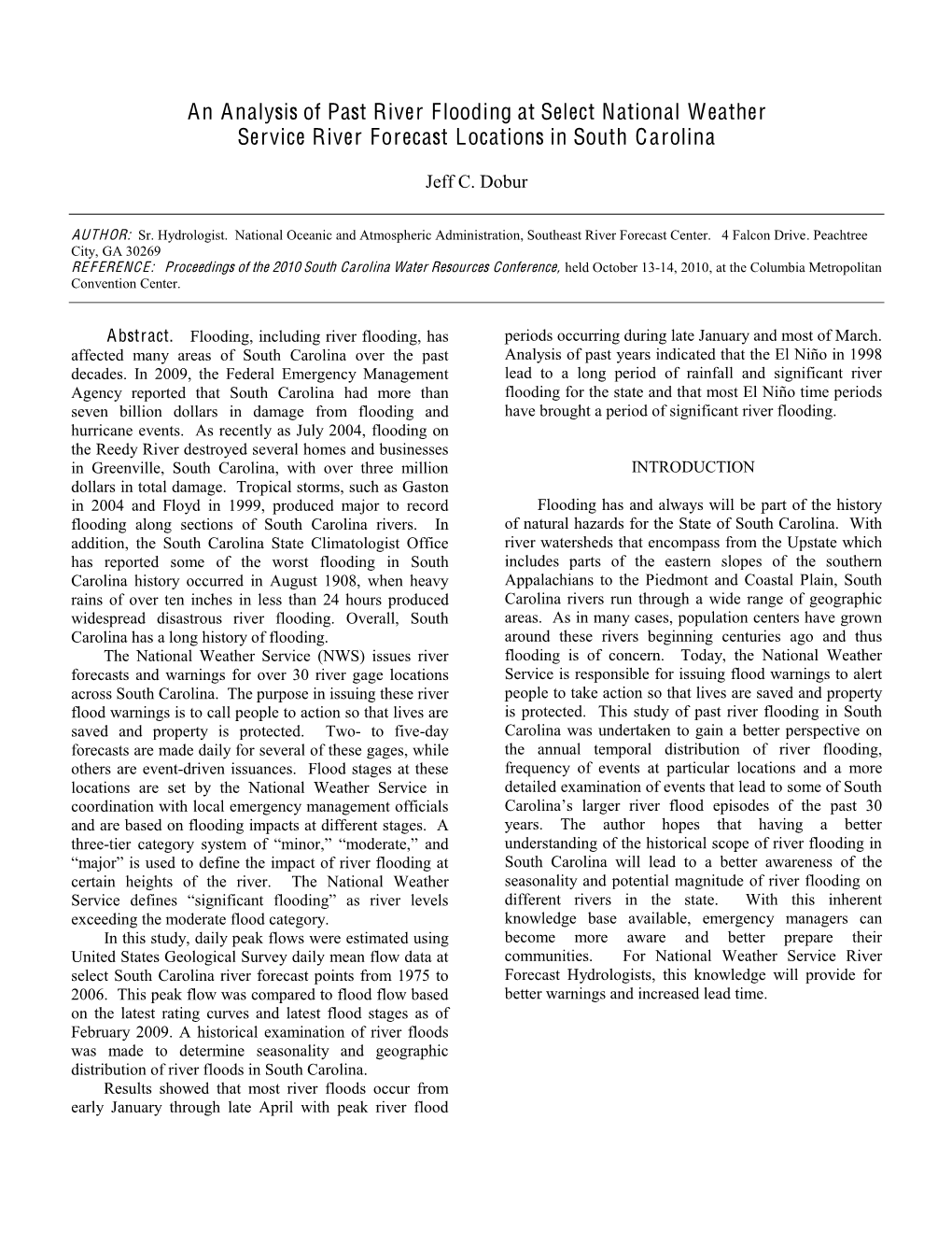 An Analysis of Past River Flooding at Select National Weather Service River Forecast Locations in South Carolina