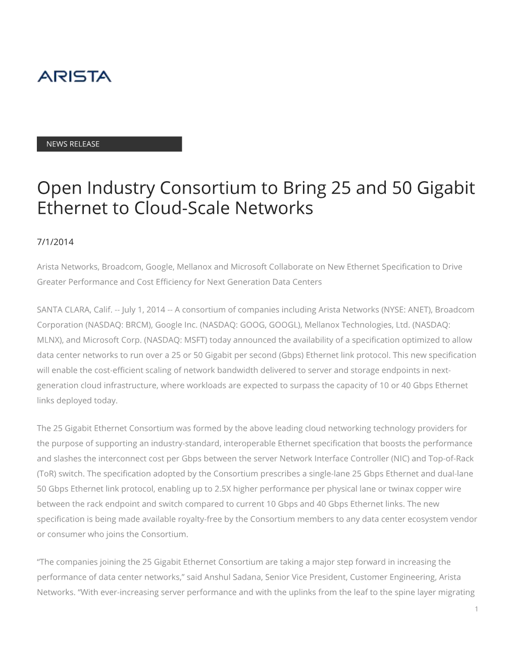 Open Industry Consortium to Bring 25 and 50 Gigabit Ethernet to Cloud-Scale Networks