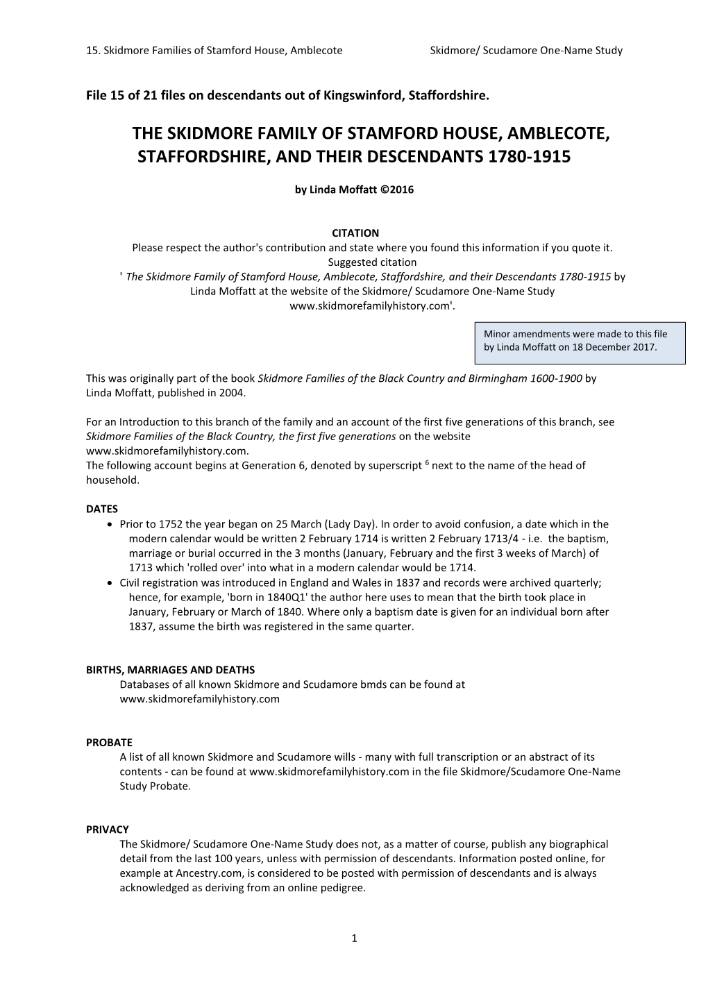 15. Skidmore Families of Stamford House, Amblecote Skidmore/ Scudamore One-Name Study