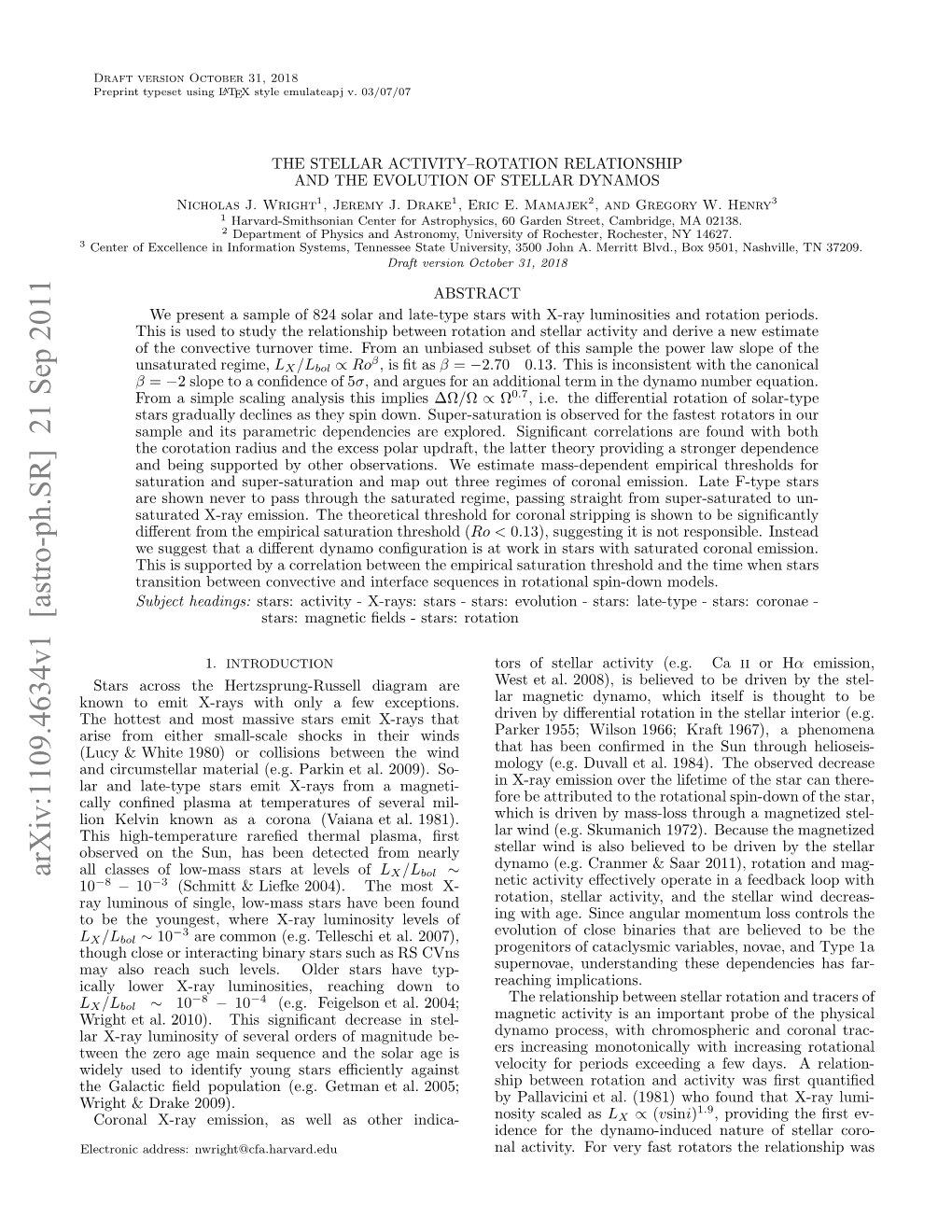 Arxiv:1109.4634V1 [Astro-Ph.SR] 21 Sep 2011 L Lse Flwms Tr Tlvl of Levels Nearly at from Stars Detected Low-Mass Been 1981)