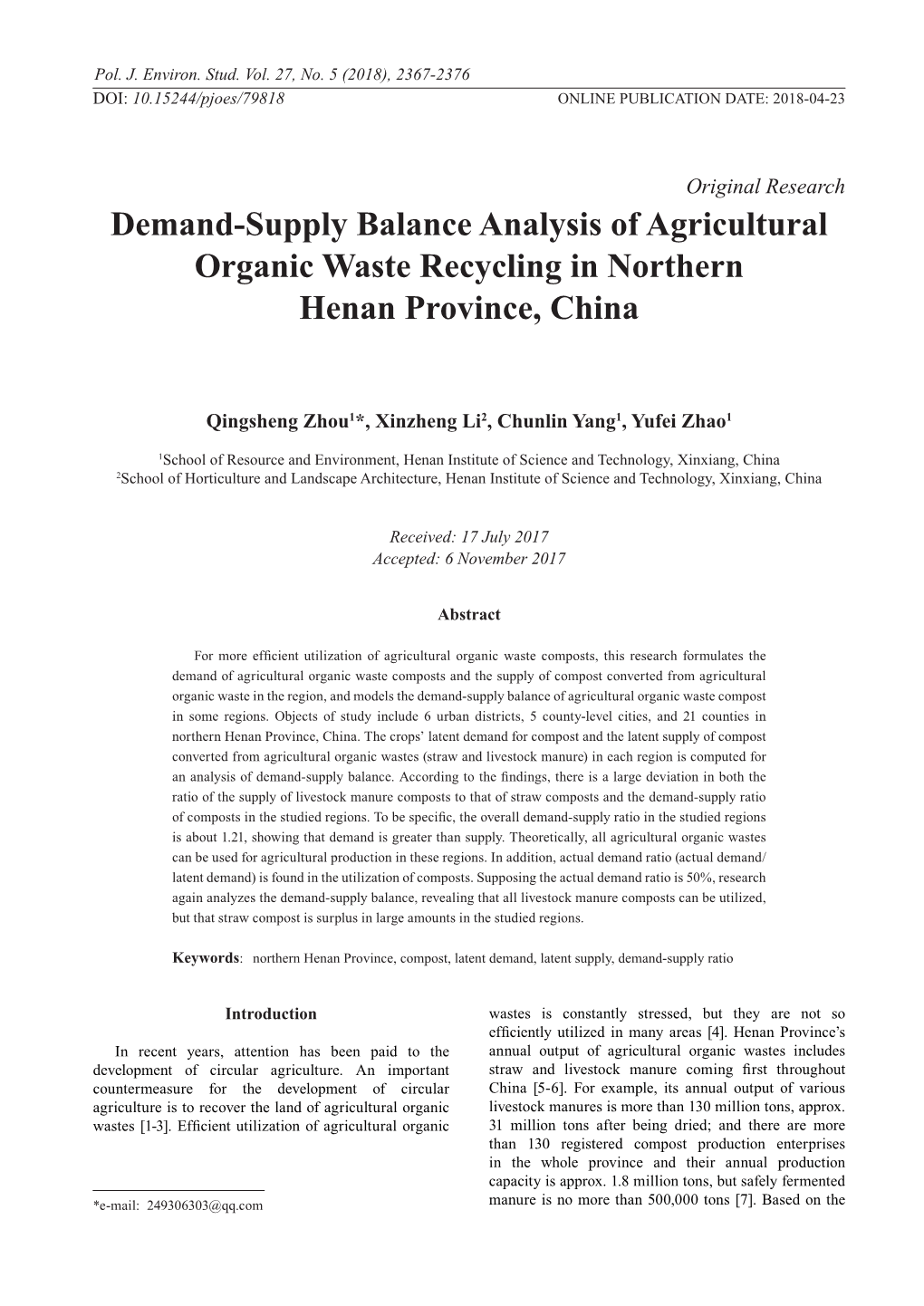 Demand-Supply Balance Analysis of Agricultural Organic Waste Recycling in Northern Henan Province, China