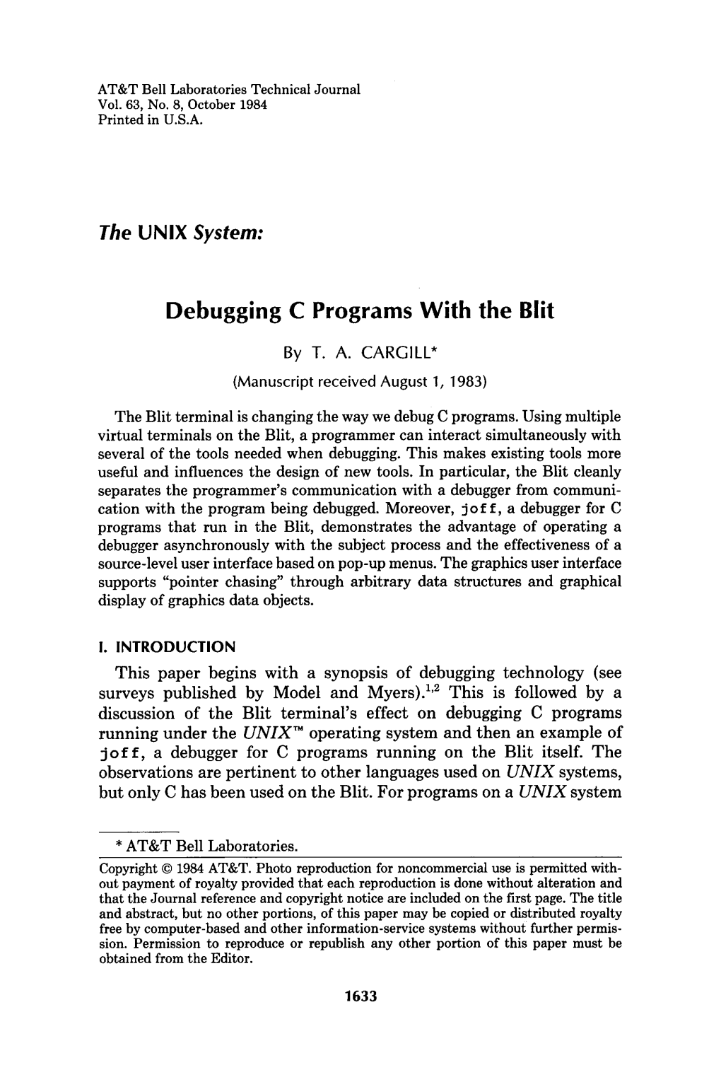 The UNIX System: Debugging C Programs with the Blit