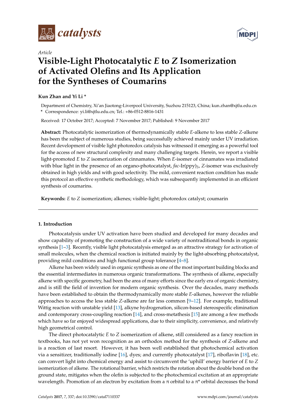 Visible-Light Photocatalytic E to Z Isomerization of Activated Olefins