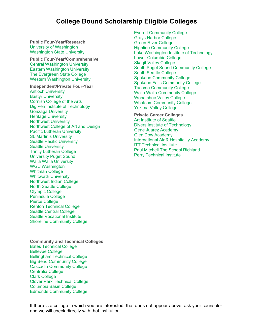 College Bound Scholarship Eligible Colleges