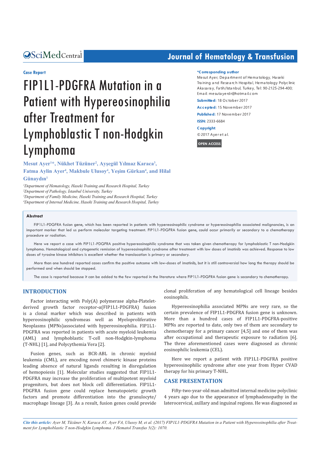 FIP1L1-PDGFRA Mutation in a Patient with Hypereosinophilia After Treatment for Lymphoblastic T Non-Hodgkin Lymphoma