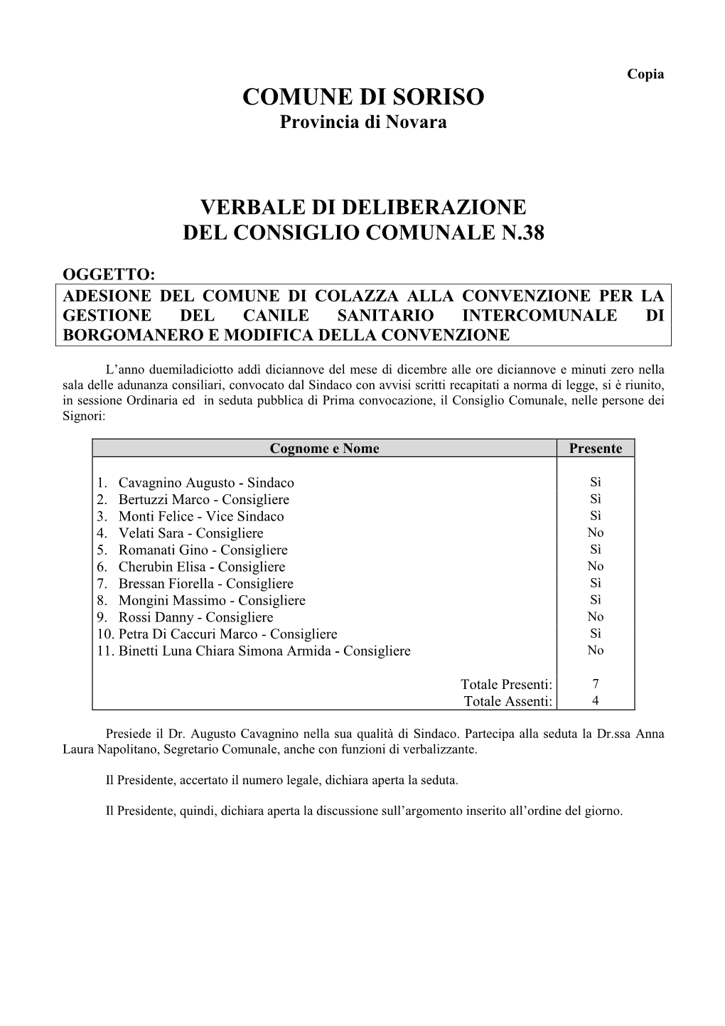 COMUNE DI SORISO Provincia Di Novara VERBALE DI