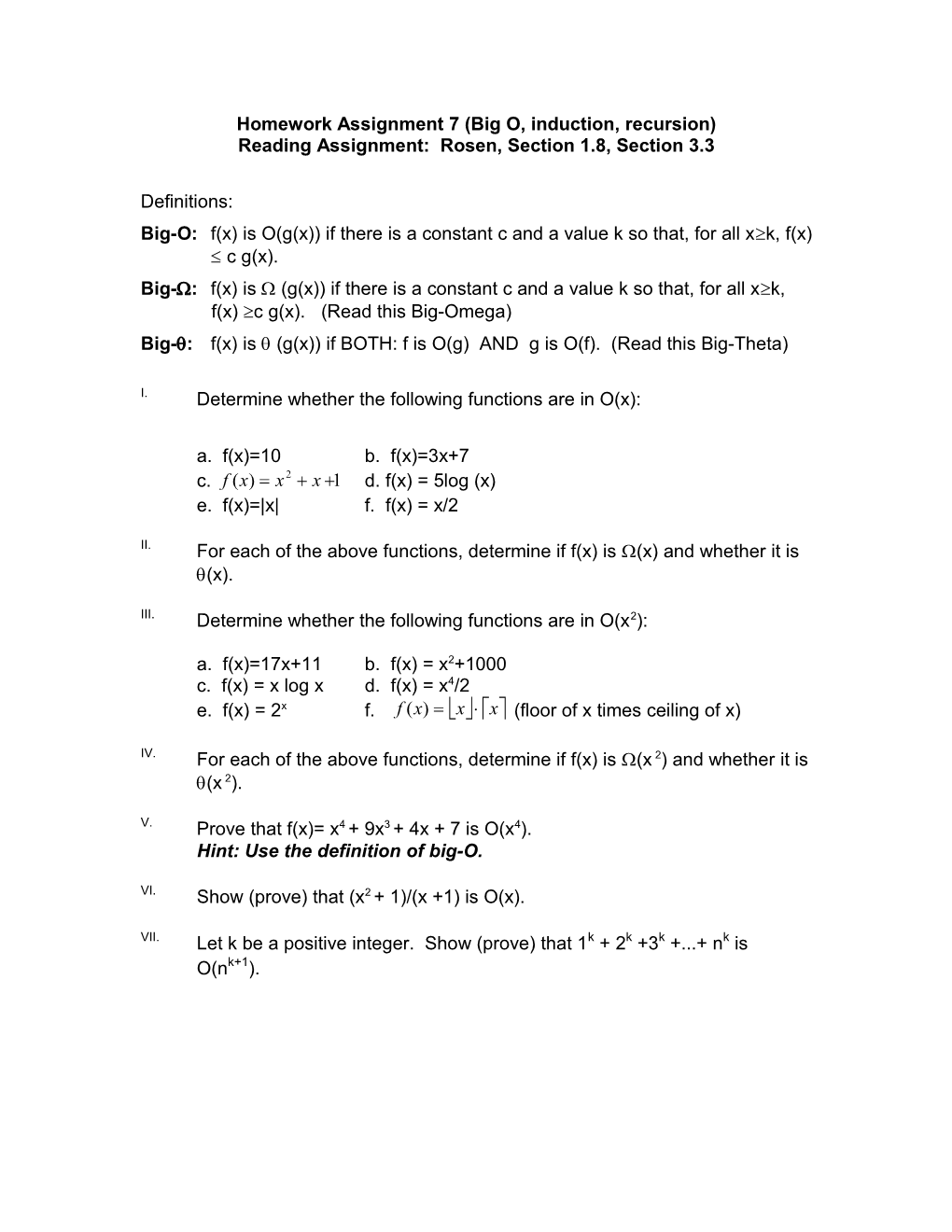 Homework Assignment 7 (Big O, Induction, Recursion)