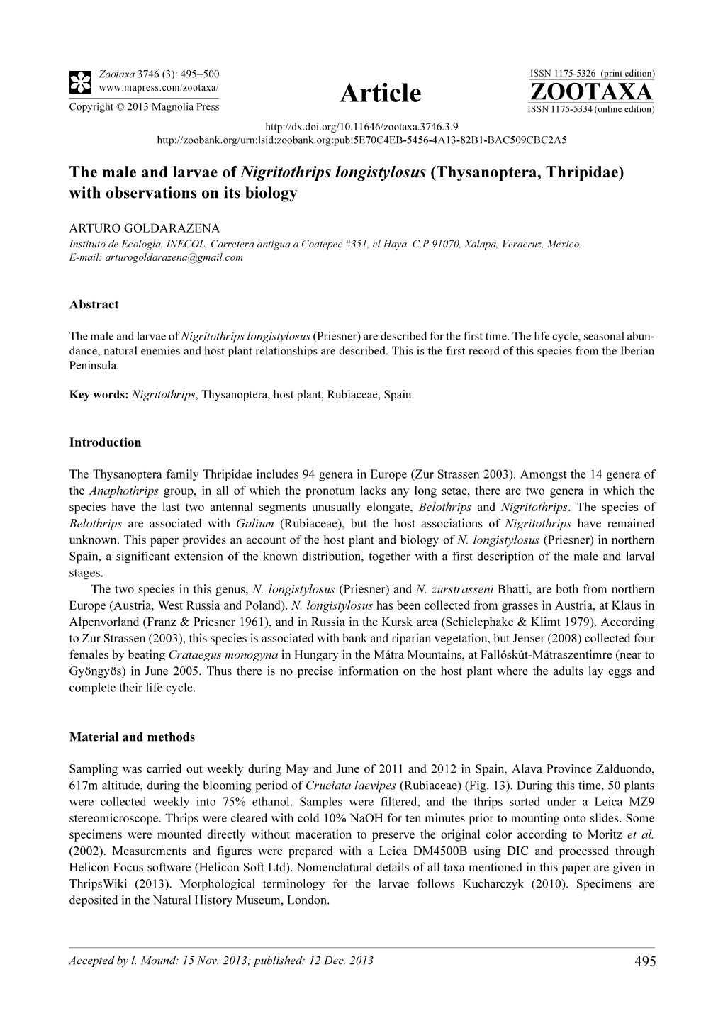Thysanoptera, Thripidae) with Observations on Its Biology