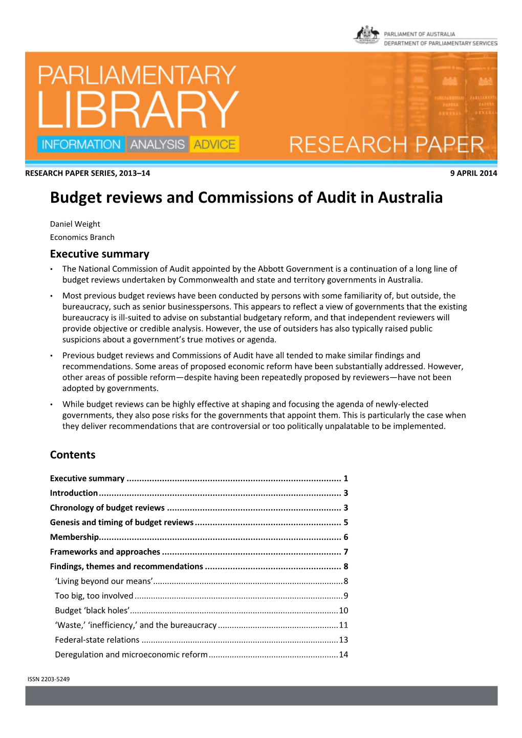 Budget Reviews and Commissions of Audit in Australia