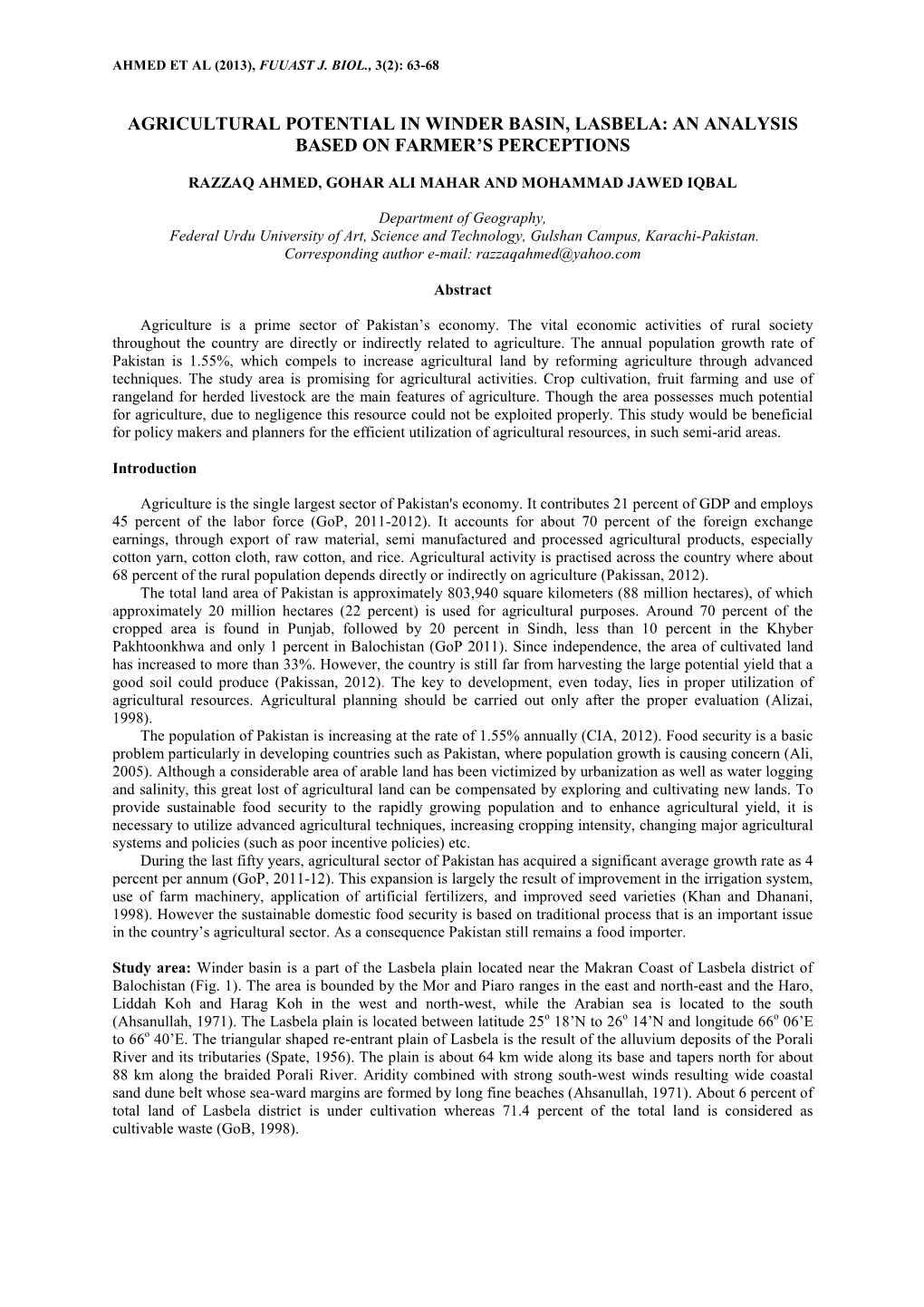 Agricultural Potential in Winder Basin, Lasbela: an Analysis Based on Farmer’S Perceptions