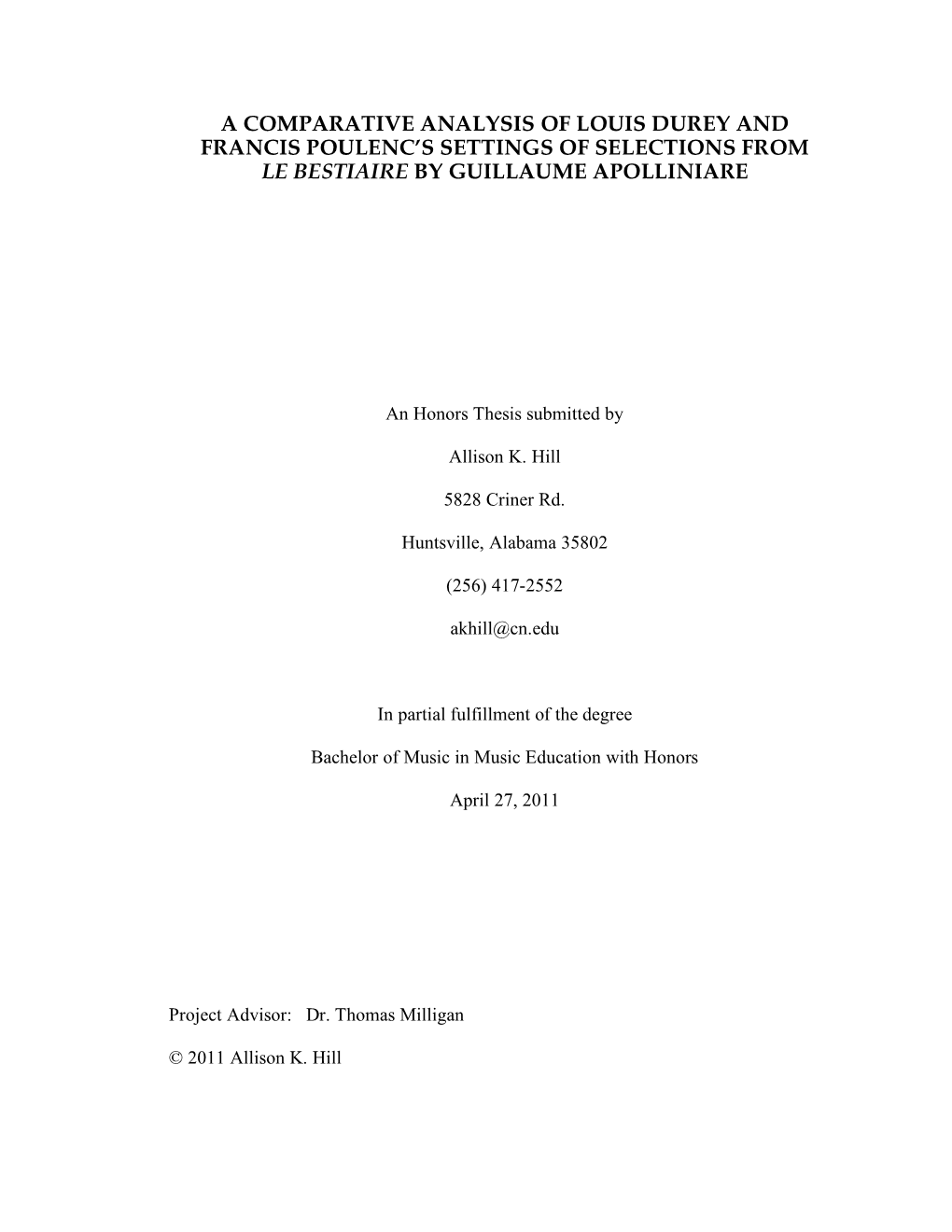 A Comparative Analysis of Louis Durey and Francis Poulenc’S Settings of Selections from Le Bestiaire by Guillaume Apolliniare