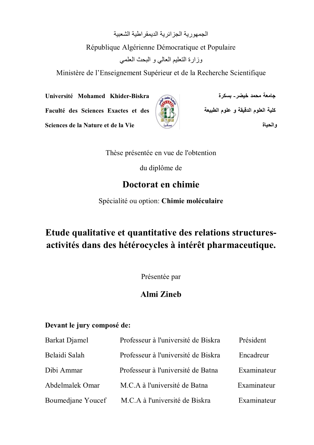 Doctorat En Chimie Etude Qualitative Et Quantitative Des Relations Structures