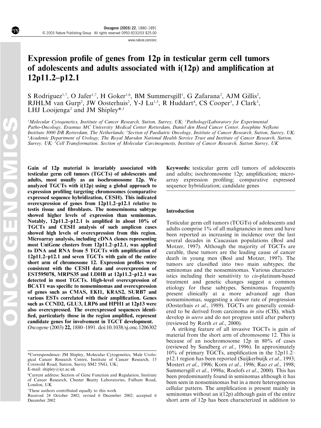 Expression Profile of Genes from 12P in Testicular Germ Cell Tumors Of