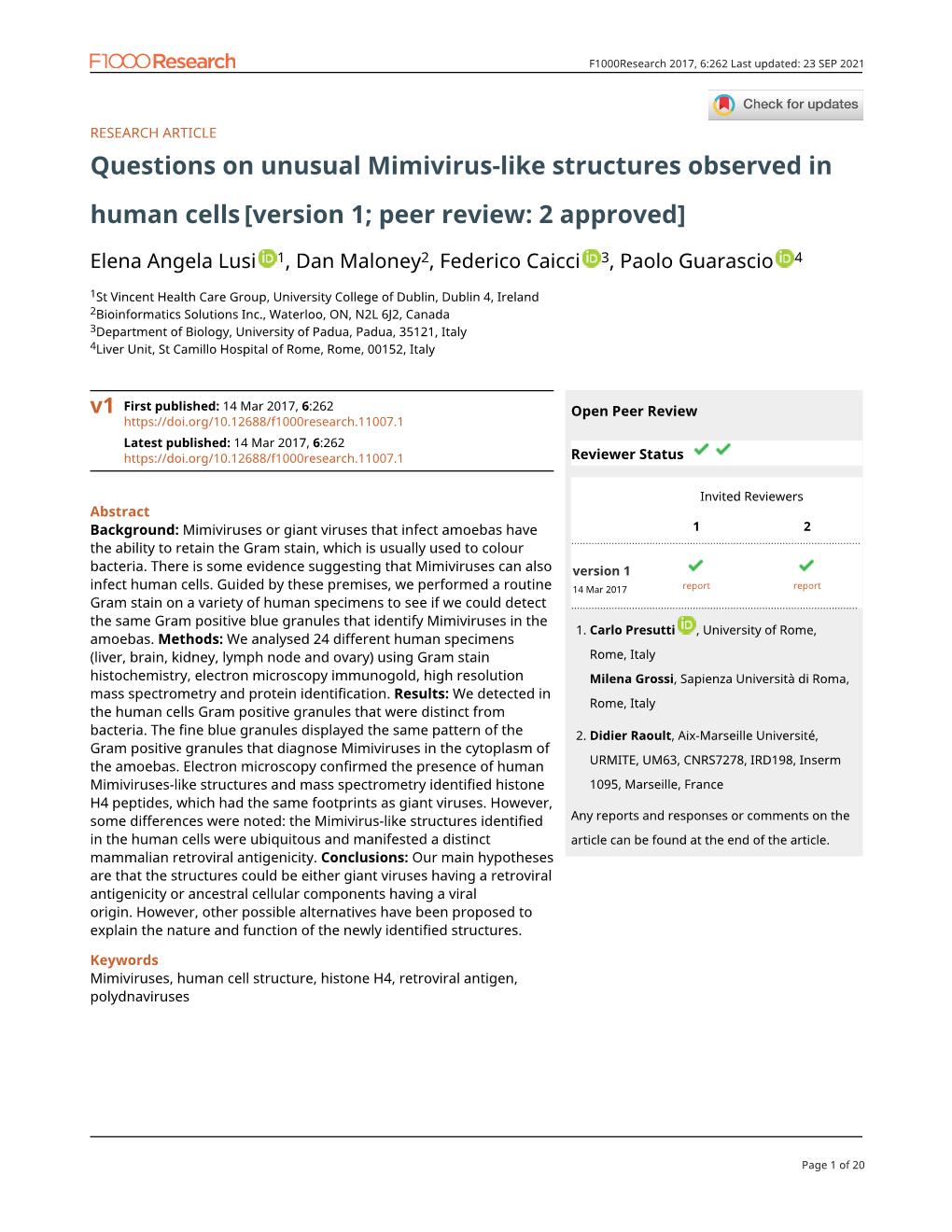 Questions on Unusual Mimivirus-Like Structures Observed in Human Cells [Version 1; Peer Review: 2 Approved]