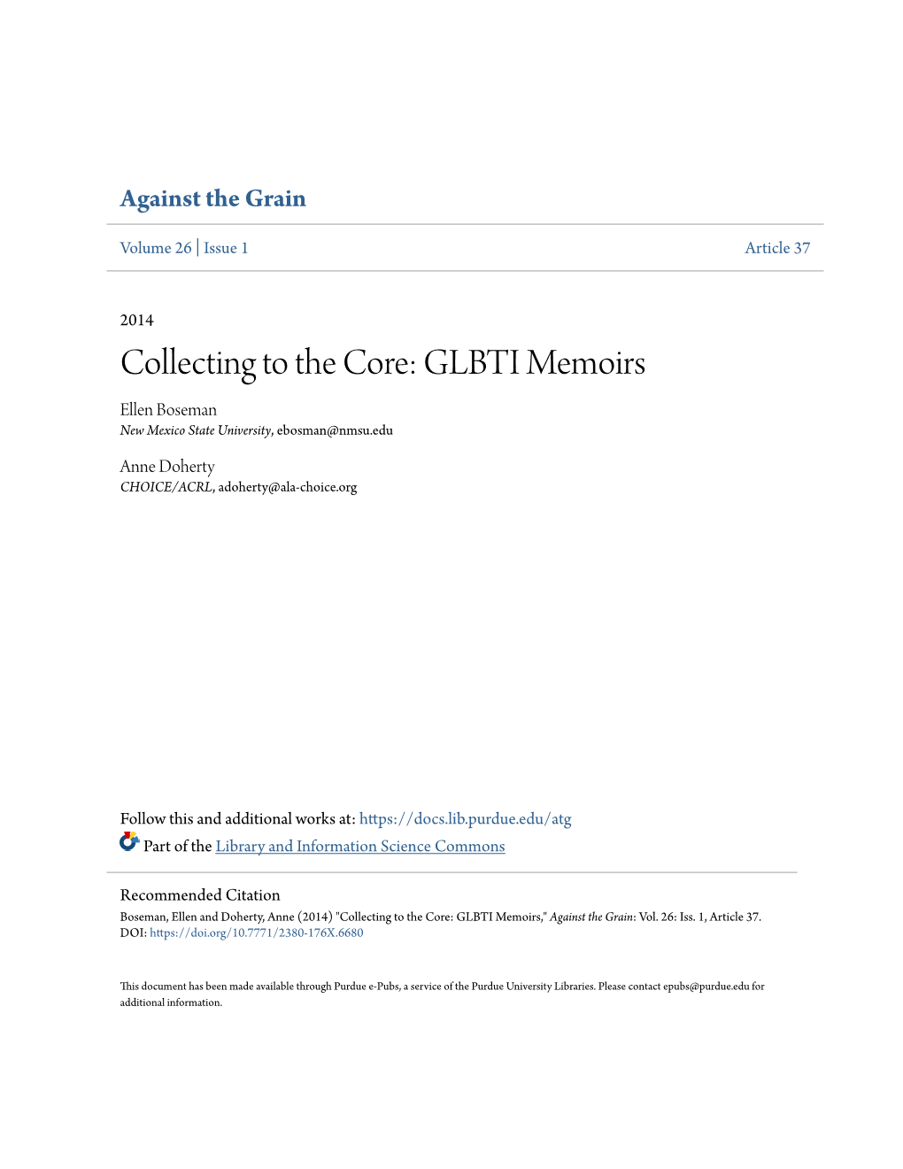 GLBTI Memoirs Ellen Boseman New Mexico State University, Ebosman@Nmsu.Edu