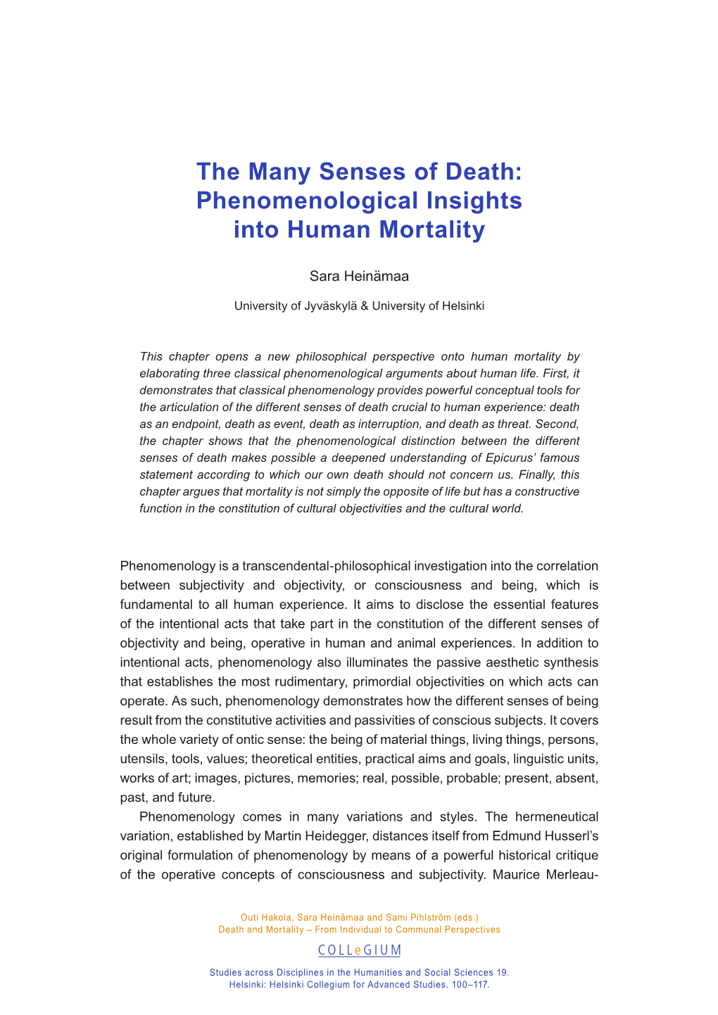 The Many Senses of Death: Phenomenological Insights Into Human Mortality