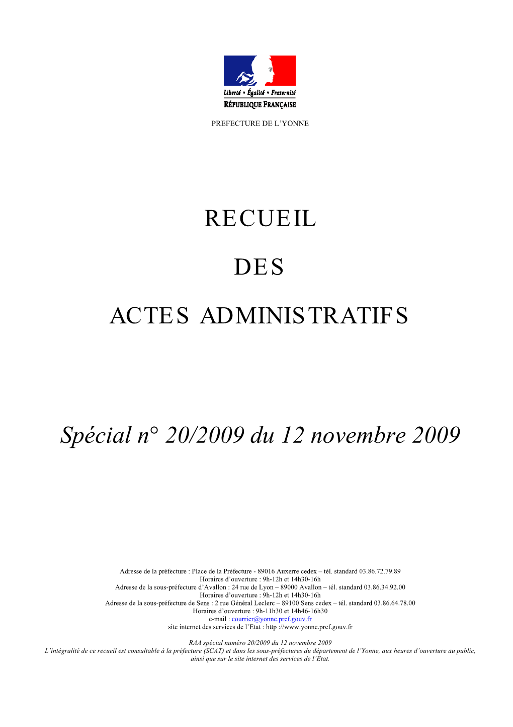 Recueil N°20 Du 12 Novembre 2009