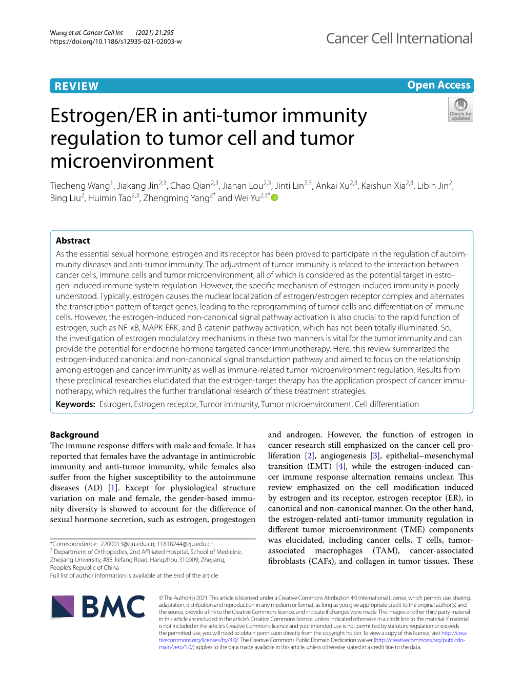Estrogen/ER in Anti-Tumor Immunity Regulation to Tumor Cell And
