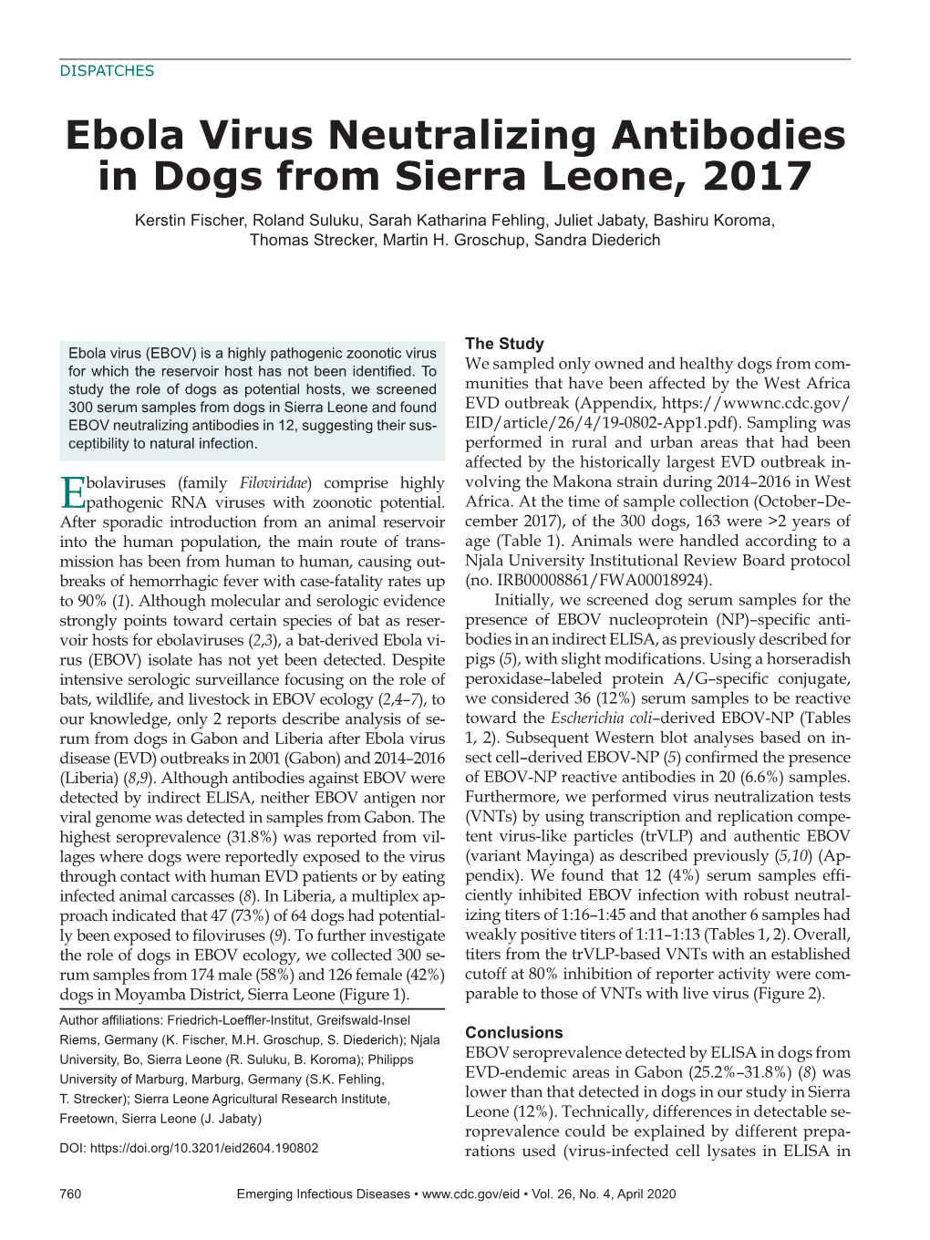 Ebola Virus Neutralizing Antibodies in Dogs from Sierra Leone, 2017